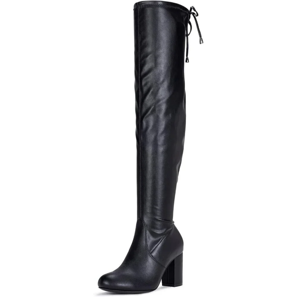 Women's Black Pu Suede Chunky Heels Zipper Over The Knee High Adjustable Boots